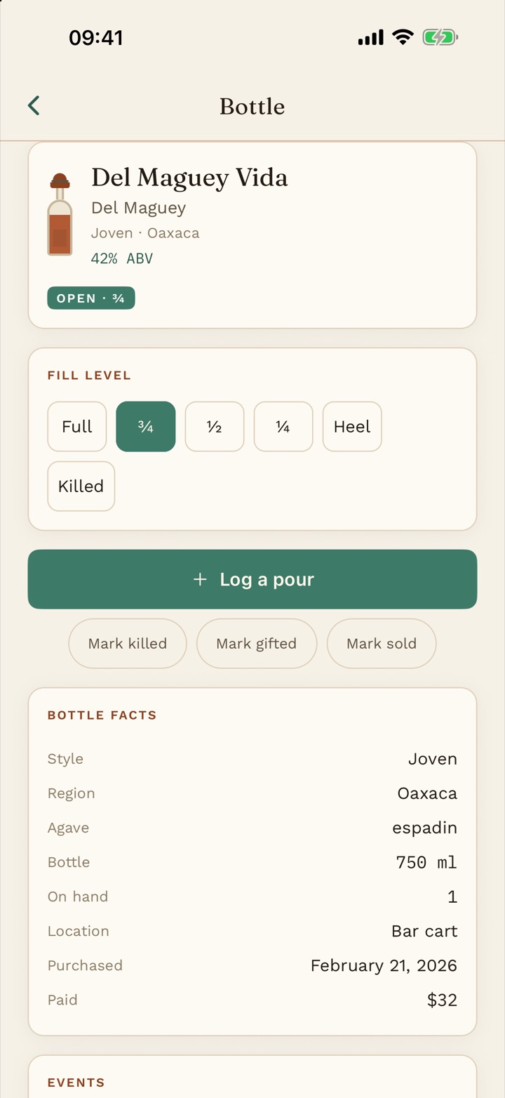 A bottle page in Agave & Note: fill level and bottle facts, including the agave and the region.